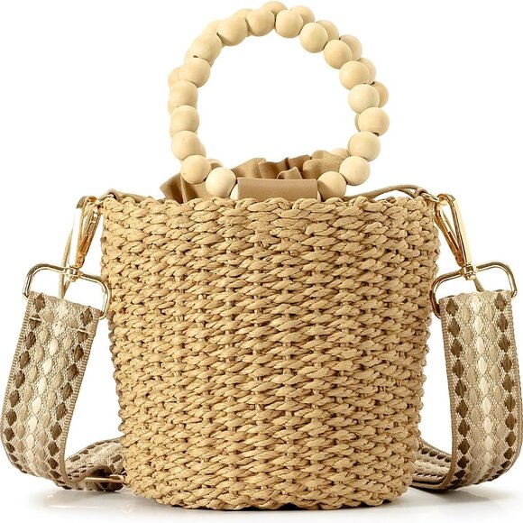 Handmade Straw Top Handle Satchel Handbag for Women, Chic Woven Drawstring Bucke - Picture 1 of 9